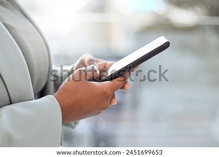 Office, typing and hands of woman with phone for networking, scroll and business communication. Online chat, post and female person with smartphone for contact, connection or browse on email website.