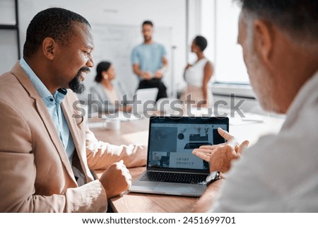 Employees, presentation and laptop for project management, happy and collaboration or people. Technology, business meeting and discussion for smart digital product development, strategy for website