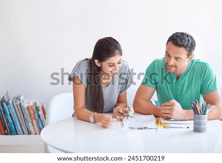 Creative people, teamwork and photograph in business meeting, magazine planning and collaboration or ideas. Graphic designer, man and woman of print catalog or portfolio for startup, marketing agency