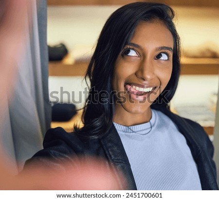 Smile, selfie or Indian girl shopping in mall with funny face for fashion, discount or social media app. Gen z influencer, photography or woman in retail boutique with profile picture or tongue out