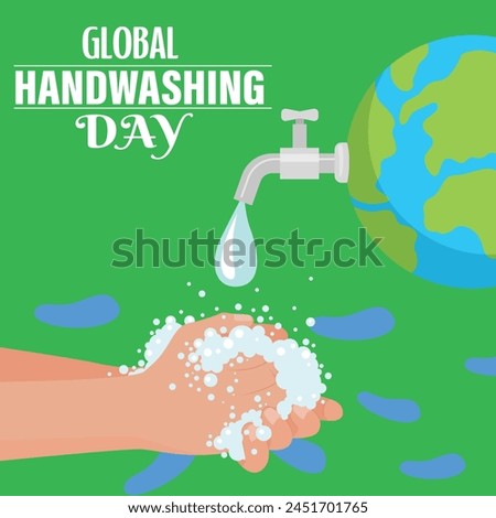 Hands of kids from several races washing and wiping around the globe surrounding by soap bubble in flat hand style for global handwashing day