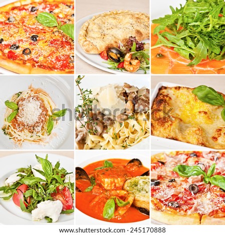 Italian food collage including pizza, seafood calzone, salmon carpaccio, spaghetti alla Bolognese, tagliatelle, lasagna Bolognese, caprese salad and tomato minestrone soup