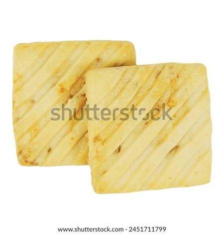Snacks, desserts, caramel cookies, light yellow, sweet and delicious, suitable for dark coffee for breakfast.  or afternoon tea  Cookies isolated on white.