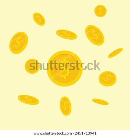 Falling coins vector Illustration isolated on yellow
