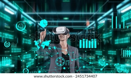 Businesswoman selecting dynamic market database scatter graph analysis monitor by VR future global innovation interface digital infographic network technology visual hologram animation. Contraption.
