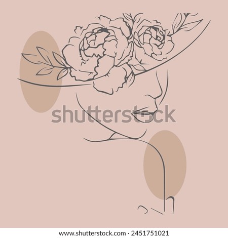  Woman face with flowers line art