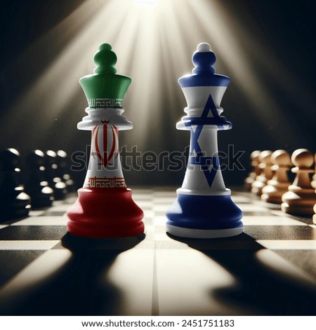 Iran and israel flags paint over on chess king. 3D illustration iran vs israel.