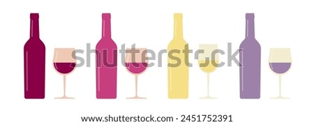 Wine bottle and glasses types icon vector, rose red white purple pink silhouette shapes illustration graphic set simple pictograms for menu image clip art modern design