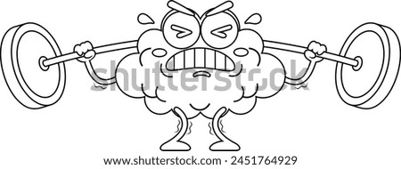 Outlined Funny Brain Cartoon Character Lifting Weights. Vector Hand Drawn Illustration Isolated On Transparent Background