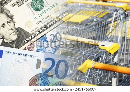 Cost of shopping. Market prices. Shopping cart and money. Supermarket shop metal shopping basket. Rising prices of gorcery. Inflation background. Euro and dollar currency.