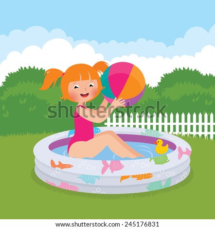 Stock Vector cartoon illustration of a little girl splashing in an inflatable pool in his backyard