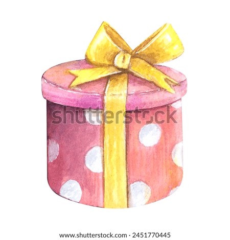 Present box watercolor drawing gift birthday. Anniversary holiday round hat object yellow bow dotted. Decoration pink red ribbon isolated white background. Aquarelle party greeting wrapped. Sale shop 