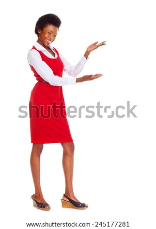 Young african business woman presenting copyspace isolated white