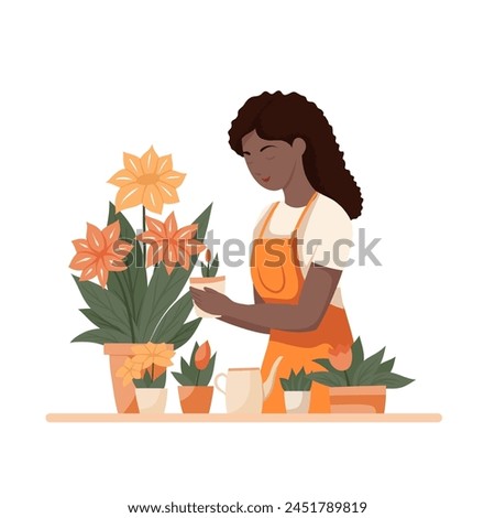 Vector flat clip art of a cute african woman gardener in an apron with flowers in pots isolated from background. Black girl florist. Trendy illustration for articles and postcards
