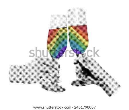 Hands holding champagne glasses celebrating Pride Month halftone art collage. Cutout of magazine shapes, LGBT rainbow sticker. Modern retro vector illustration isolated on transparent background