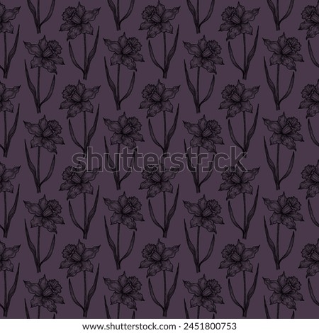 Hand drawn black pencil daffodil drawing seamless pattern isolated on dark background. Can be used for textile, fabric and other printed products