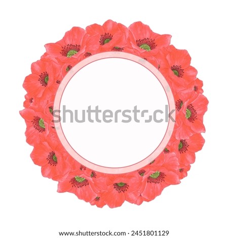 Hand drawn watercolor red poppy flowers wreath frame border isolated on white background. Can be used for post card, poster and other printed products