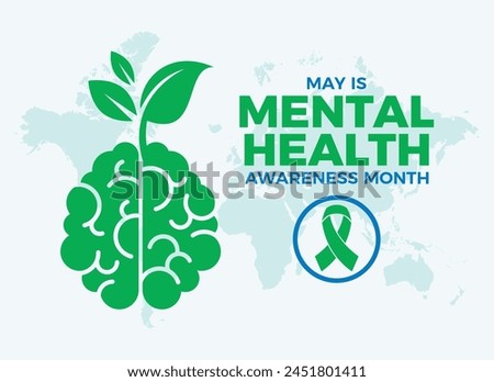 May is Mental Health Awareness Month poster vector illustration. Abstract human brain with green leaf icon. Brain with sprout symbol. Mental illness clip art. Template for background, banner, card