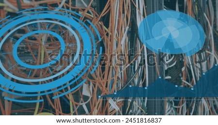 Image of scope scanning and data processing over cables in computer server. global computing and data processing concept digitally generated image.