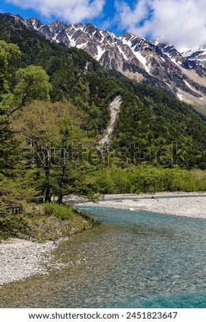 Fast flowing clear river running through a forest and mountains