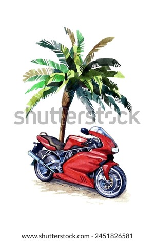 Illustration, sport red motorcycle, palm tree, watercolor painting, Ducati, Italian motorcycle, speed, parking, beach, sport, summer, shadows