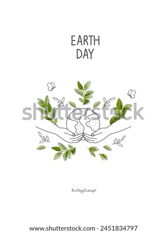 Illustration of Environmentally friendly planet.Hand drawn cartoon sketch of earth and supporting hands with green leaves. Think Green. Protect the World from pollution concept.