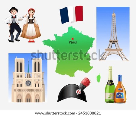 France. Outline of the country, architecture and national clothing. Set of clip arts vector illustration