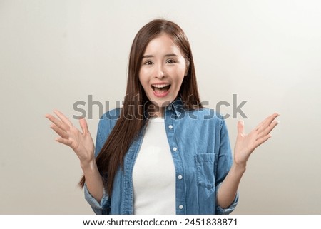 Closeup photo of beautiful young woman with opened toothy mouth brown eyes look ecstatic express amazon promotion isolated on background