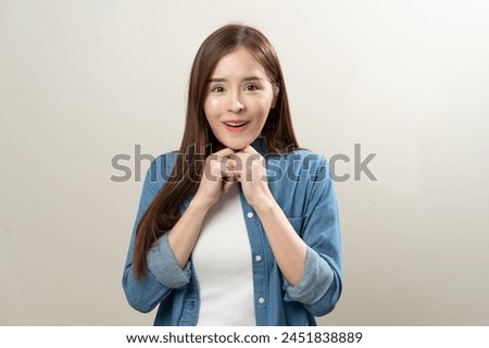 Closeup photo of beautiful young woman with opened toothy mouth brown eyes look ecstatic express amazon promotion isolated on background