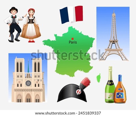 France. Outline of the country, architecture and national clothing. Set of clip arts illustration
