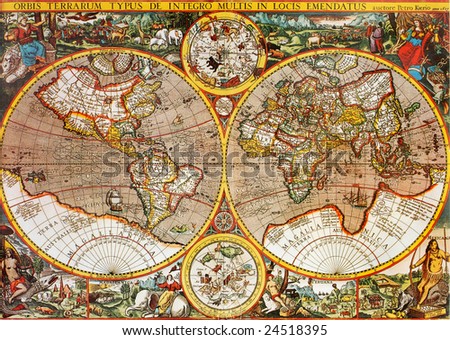 Antique 17th century world map macro closeup. Designed by Petro Kaerio in 1607.
