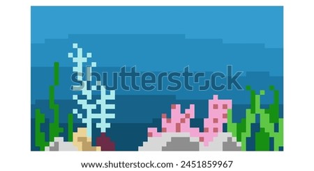 pixel art underwater world in sea vector cartoon landscape, Sea underwater background. Ocean bottom with seaweeds. Vector marine scene	