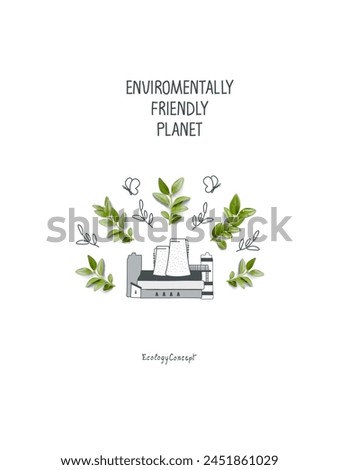 Cartoon sketch of eco factory with green trees Environmentally friendly planet concept. Think Green. Protect the World from pollution and Ecology industry and alternative energy concept.