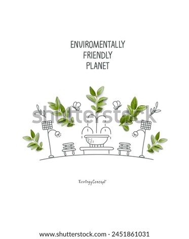 Cartoon hand drawn sketch of eco park with green branches. Fountain, benches and solar-powered lanterns. Illustration of Environmentally friendly planet. Alternative energy concept.