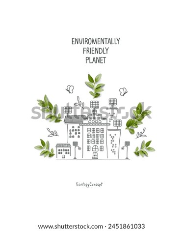 Cartoon sketch of eco city, houses with solar panels and wind energy resouces. Illustration of Environmentally friendly planet. Eco city Consept. Ecology industry and alternative energy concept