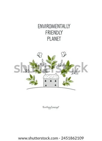Cartoon sketch of eco house with solar panels. Illustration of Environmentally friendly planet. Eco city Consept. Ecology industry and alternative energy con