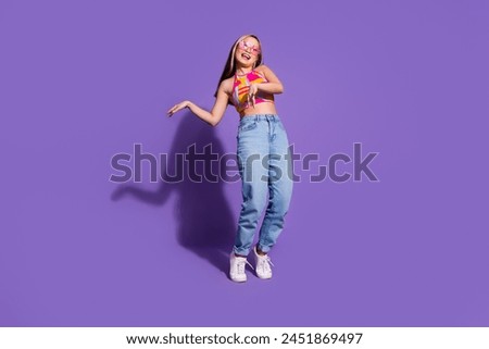 Photo of good mood positive girl wear trendy clothes dance night club isolated on purple color background