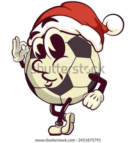 football soccer ball cartoon vector isolated clip art illustration mascot wearing santa hat with giving an okay sign, vector work of hand drawn