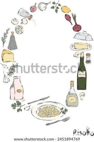 Graphic risotto poster, hand drawn vector illustration. Ingredients for Italian restaurant or mediterranean food. risotto food elements clip art. Delicious Italian appetizer