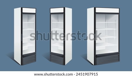 Commercial beverage refrigerator set with glass door on a dark background. Vector realistic illustration