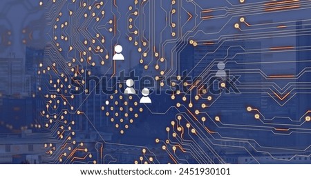 Image of icons and computer circuit board over cityscape. Global social media, technology and digital interface concept digitally generated image.