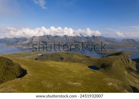 Arial drone picture of Lofoten landscapes in norway, arctic sea and mountain landscape from above