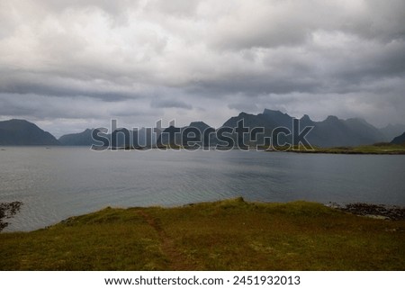 Arial drone picture of Lofoten landscapes in norway, arctic sea and mountain landscape from above