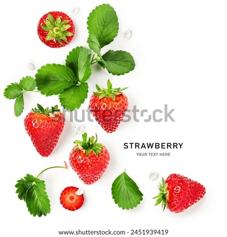 Strawberry fruits leaves frame border isolated on white background. Creative layout. Healthy eating and food concept. Spring fruit and berry composition. Top view, flat lay. Design element
