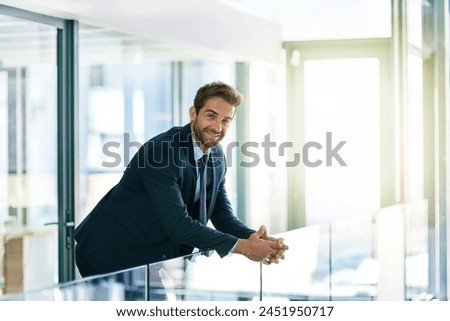 Businessman, portrait and balcony with confidence for business, career and company. Executive, suit and smile in workplace with happiness for opportunity, management and ambition for future startup Royalty-Free Stock Photo #2451950717