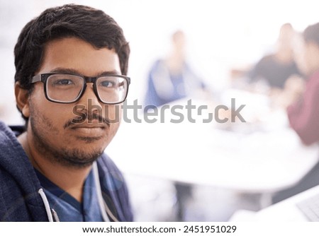 IT professional, spectacles and portrait in office for information technology innovation, web development and programming. Indian person, developer or programer and serious for database on mockup