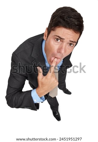 Portrait, businessman and gesture in disgust with gagging, disapproval and high angle in studio. Male person, professional and finger in mouth in negative, expression and reaction in white background Royalty-Free Stock Photo #2451951297