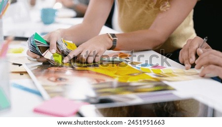 Woman, office and closeup or magazine publisher with business strategy, color swatch for work at desk. Female entrepreneur or planning with hands for job with coworker, collaboration with tablet