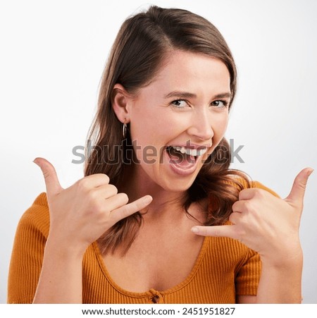 Studio, portrait and woman with shaka sign, smile and excited expression. Face, happy and friendly icon from female model with hand gesture, greeting and surfs up emoji or call me signal or symbol
