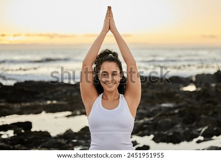 Beach, woman and happy with yoga as exercise or workout in Los Angeles for wellness, wellbeing and health. Smile, female person and fitness, relax and peace for stress relief, stretching and portrait